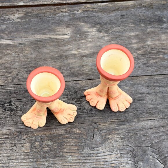 Vintage Set Art Pottery Funny Face Waddle Feet Candle Holders Air Planter Whimsy - Picture 4 of 11